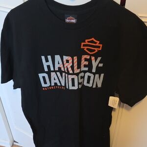 Harley-Davidson Black Tee with Orange and Gray Graphics
